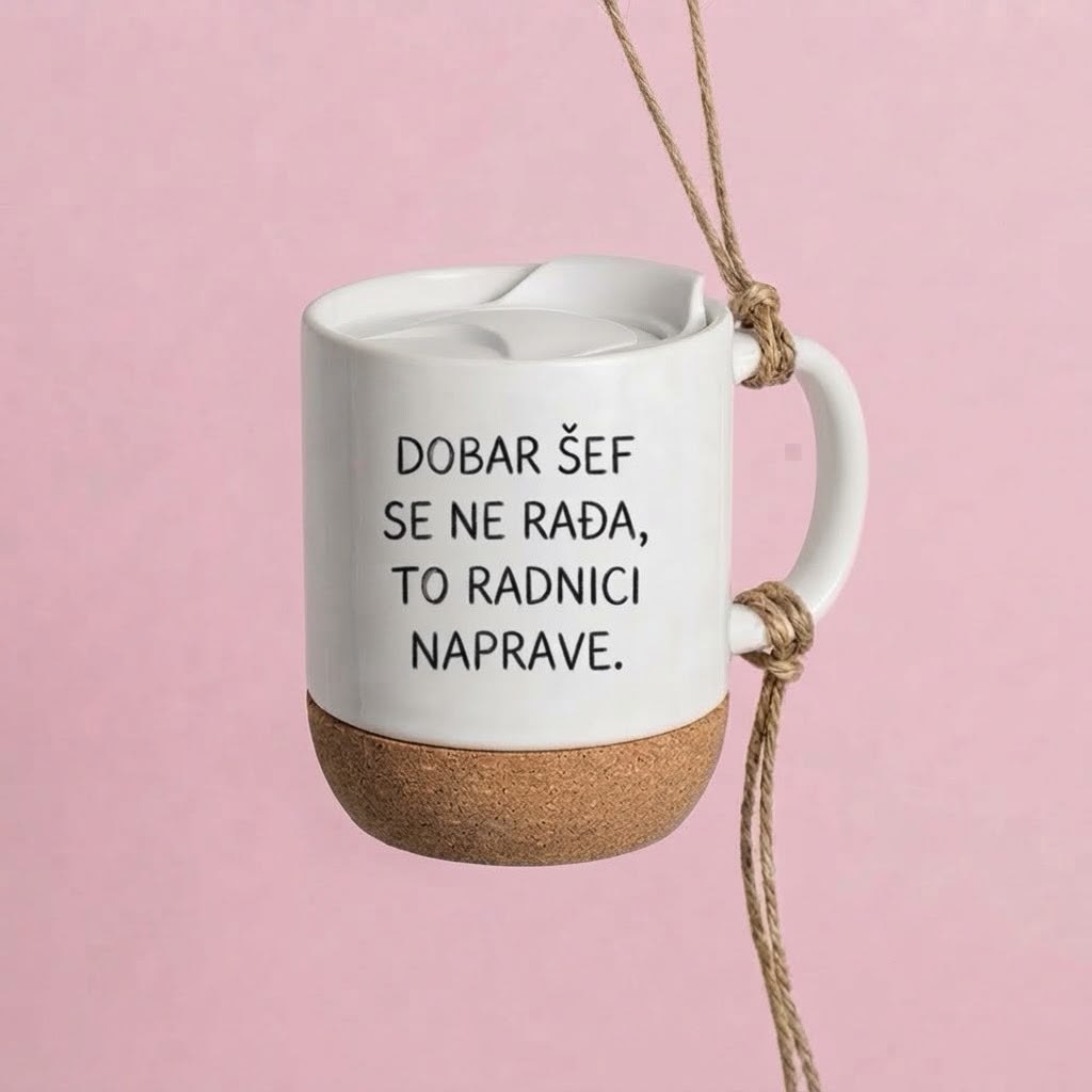 Bela šoljica sa poklopcem i plutanom osnovom, natpis Dobar šef se ne rađa to radnici naprave